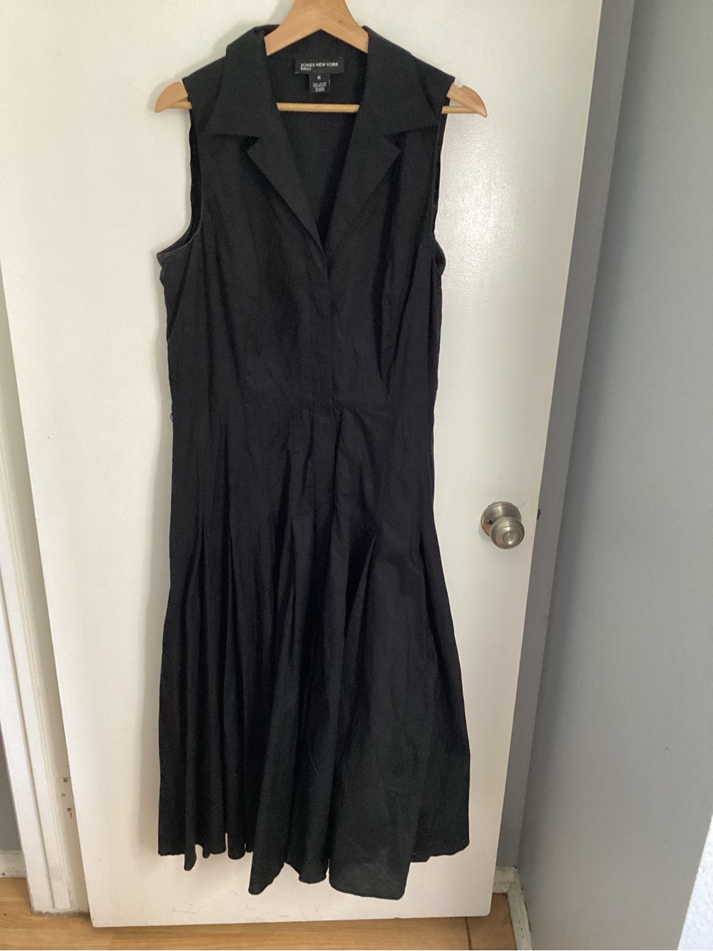 Jones New York Sleeveless Black Collared Flared Midi 100% Cotton Dress 16